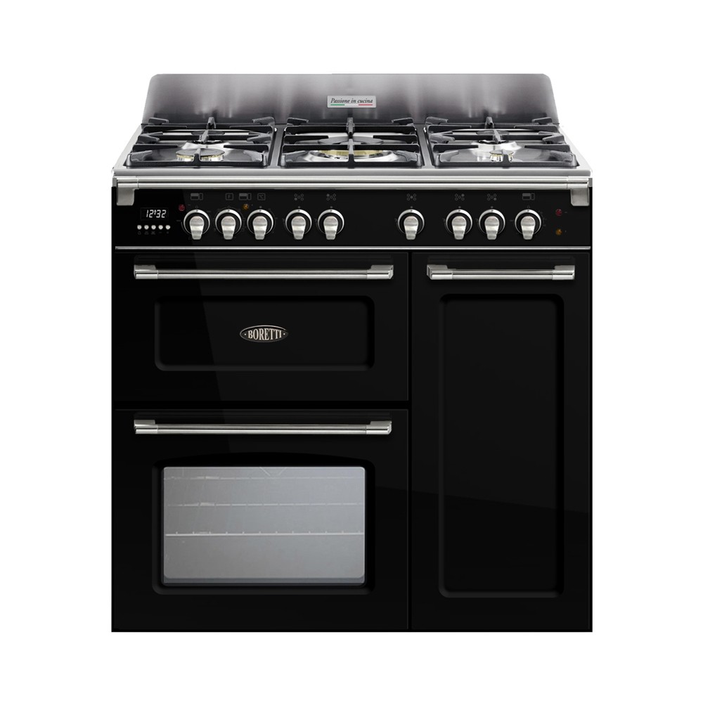 Boretti CFBG903ZW gasfornuis met Dual Fuel wokbrander en drievoudige oven Zwart