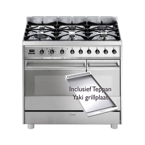 Smeg C92GMXNL8 gasfornuis restant model incl. gratis TBX6090X teppan yaki grillplaat