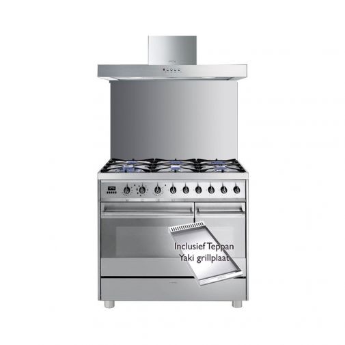 Smeg C92GMXNL8 gasfornuis setaanbieding inclusief achterwand, afzuigkap en gratis TBX6090X teppan yaki grillplaat