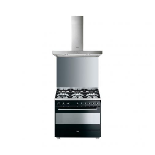 Smeg C9GMNNL1 gasfornuis setaanbieding inclusief achterwand, afzuigkap en gratis TBX6090X teppan yaki grillplaat