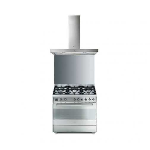 Smeg C9GMXNL1 gasfornuis setaanbieding inclusief achterwand, afzuigkap en gratis TBX6090X teppan yaki grillplaat