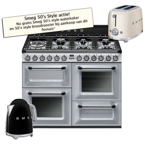 Smeg TR4110S1 vrijstaand gas-elektro fornuis nu met gratis 50's style waterkoker + broodrooster!