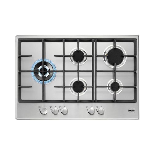 Zanussi ZGH76535XS inbouw gaskookplaat 74,4 cm breed ACTIE op=op! met wokbrander en gietijzeren pannendragers Inbouw
